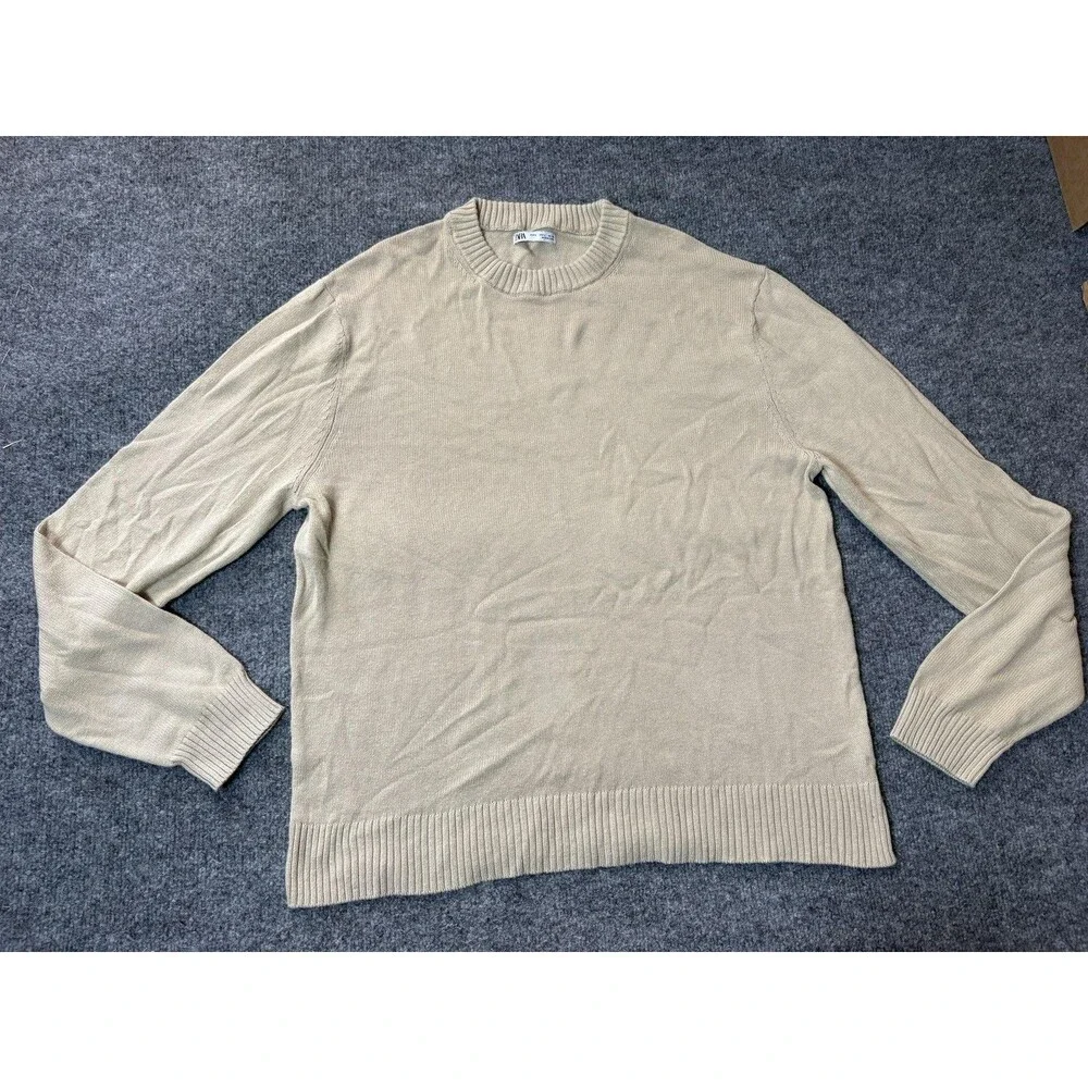 Zara Sweater Mens L Beige Crew Neck Knit Lightweight Long Sleeve Pullover Casual